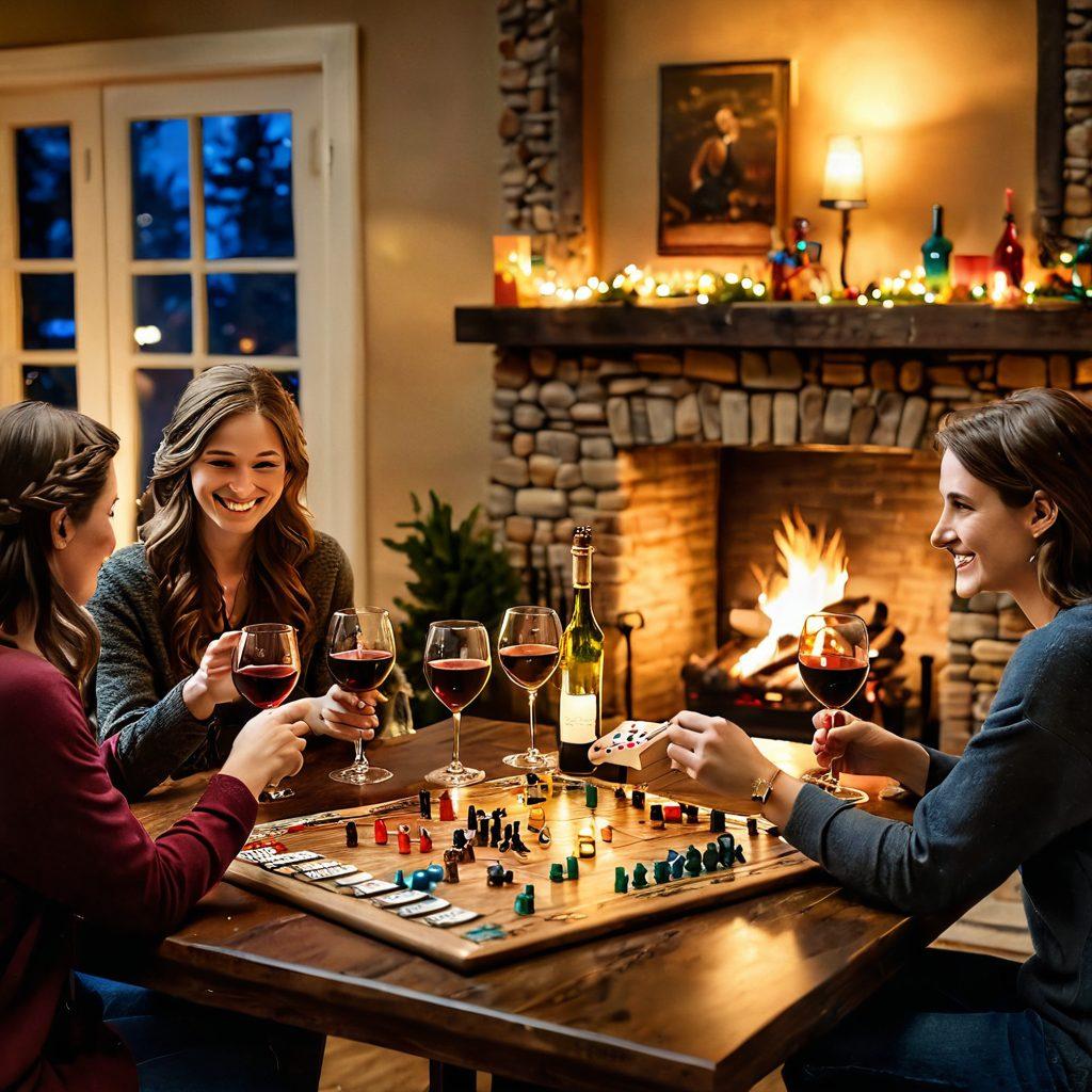 A cozy, rustic setting featuring a table adorned with wine glasses and a variety of board games; a warm fireplace glows in the background, creating an inviting atmosphere. Friends are laughing and clinking glasses, while colorful game pieces are scattered across the table. Soft fairy lights twinkle above, enhancing the charm of the scene. super-realistic. warm colors. vibrant atmosphere.