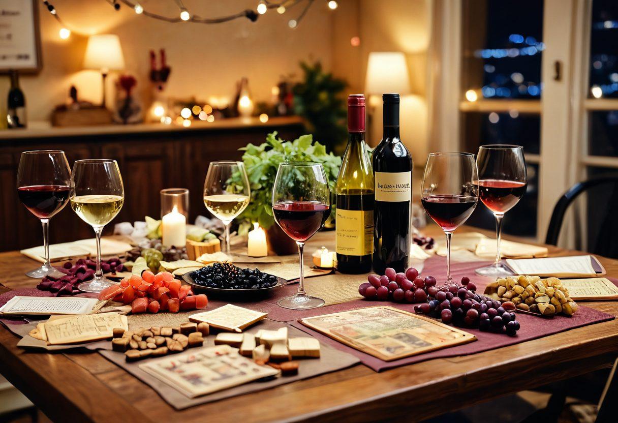 A cozy setting featuring a beautifully arranged table with various wine glasses, a selection of different wines, and wine-themed board games scattered around. Background includes a festive atmosphere with soft fairy lights and a corkboard displaying wine tasting notes. Emphasize an inviting, celebratory vibe with people laughing and enjoying their time together. warm colors. soft focus. vibrant atmosphere.